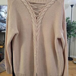 Source Unknown Lace-Up Knit Sweater - Beige